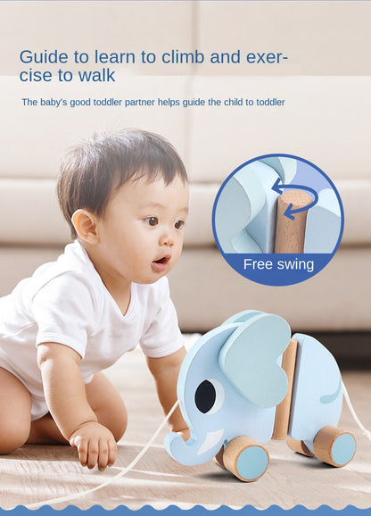 Wooden children's elephant pulling rope cart, towing toys, baby boy, baby girl toddler, children's gifts, early education toys