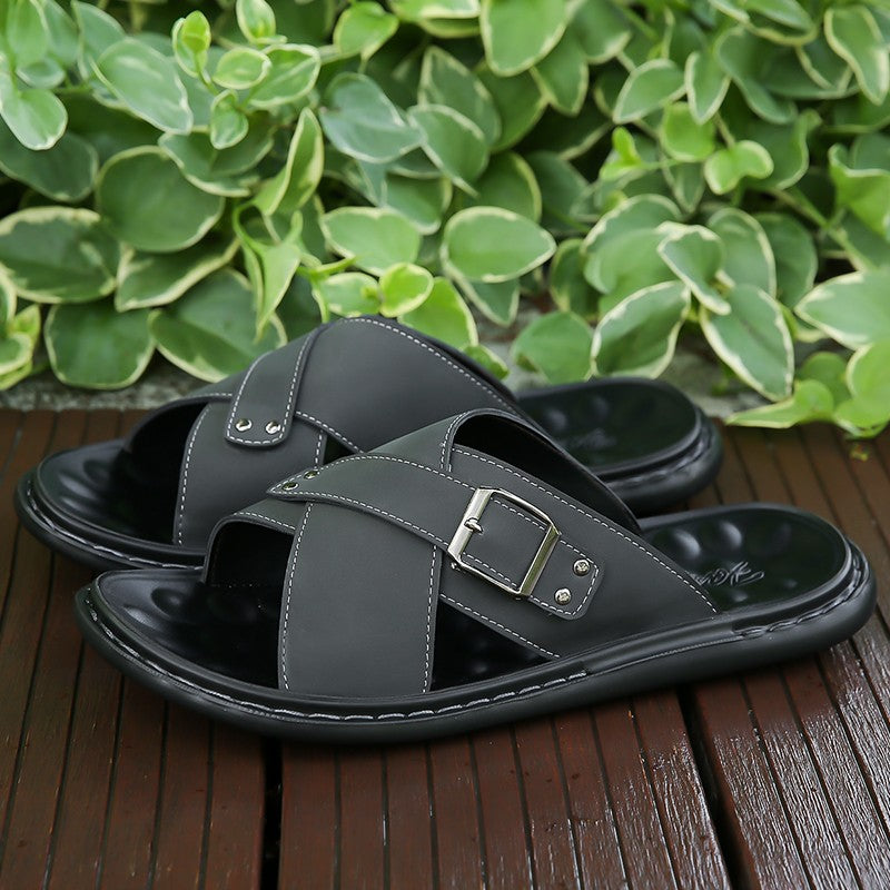 Men Summer Stylish Slippers Open-toe Soft-Soled Shoes Simple Solid Color Half Drag Slip-On Shoes Outdoor Man Comfortable Sandals