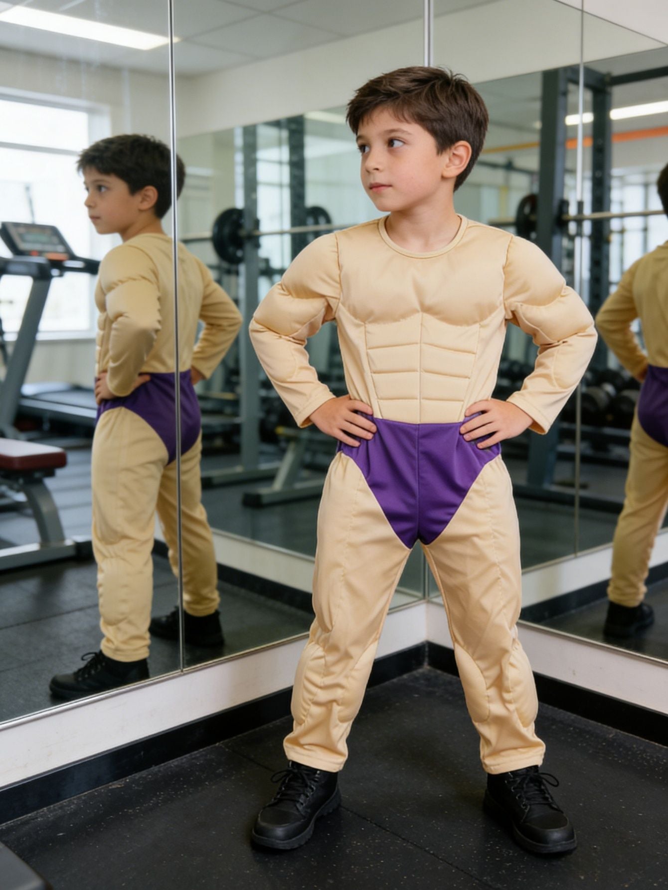 Boys 3D Muscle Print Long Sleeve Jumpsuit Yellow Purple Color Block