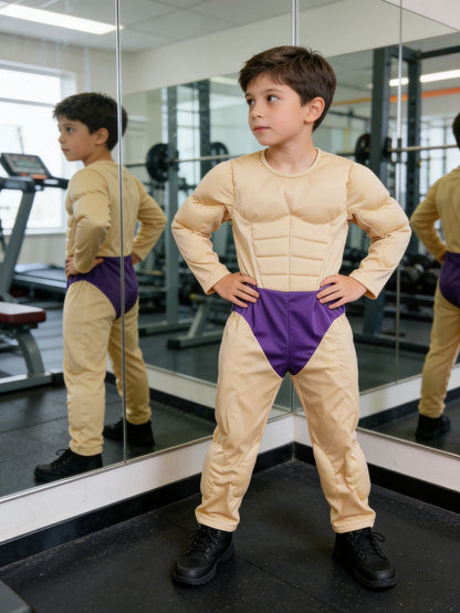 Boys 3D Muscle Print Long Sleeve Jumpsuit Yellow Purple Color Block