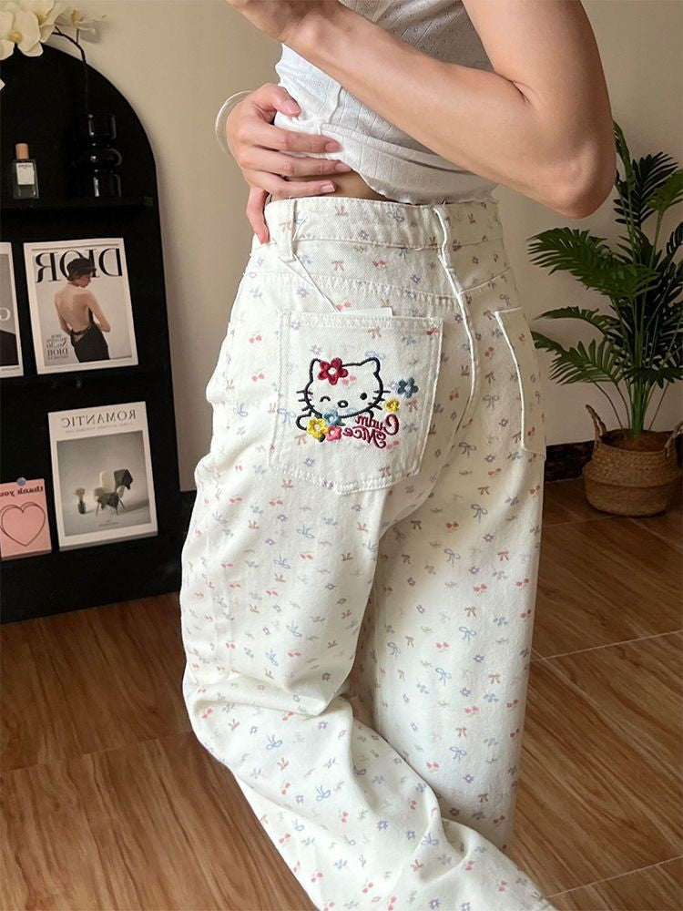 2025 New Women Beige Hello Kitty Floral Print Jeans High Waisted Wide Leg Straight Pants Casual Versatile Y2K Cute Fashion