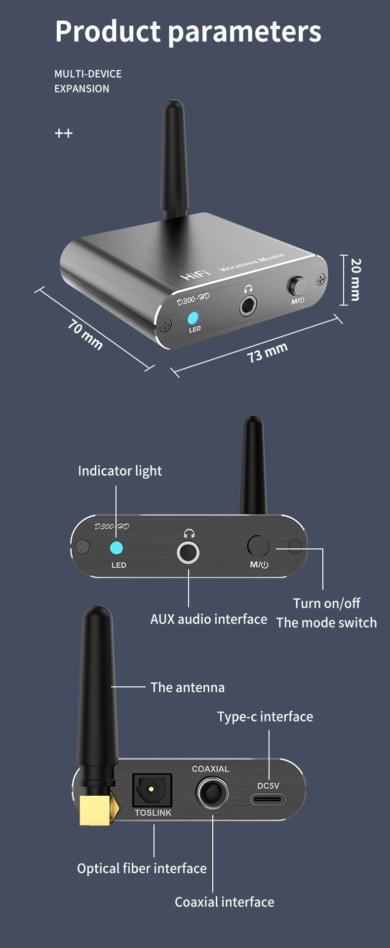 Qualcomm APTX-HD Bluetooth 5.2 Audio Receiver Hifi Stereo Music CD-Quality Sound 3.5mm AUX Coaxial Optical Fiber Wirelss Adapter
