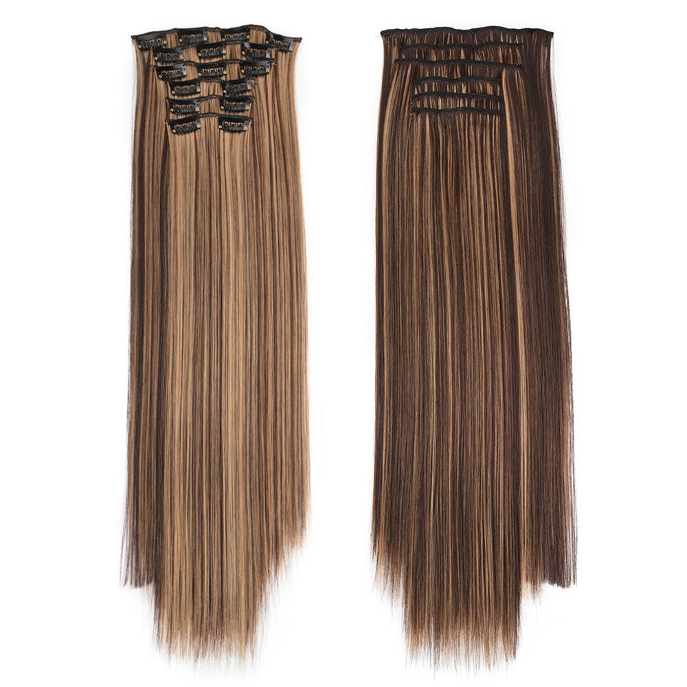 16 Presilhas em Extensões de Cabelo 60cm de Comprimento Liso Sintético Loiro Preto Peças de Cabelo Resistente ao Calor Cabelo Falso 6 Peças/Conjunto