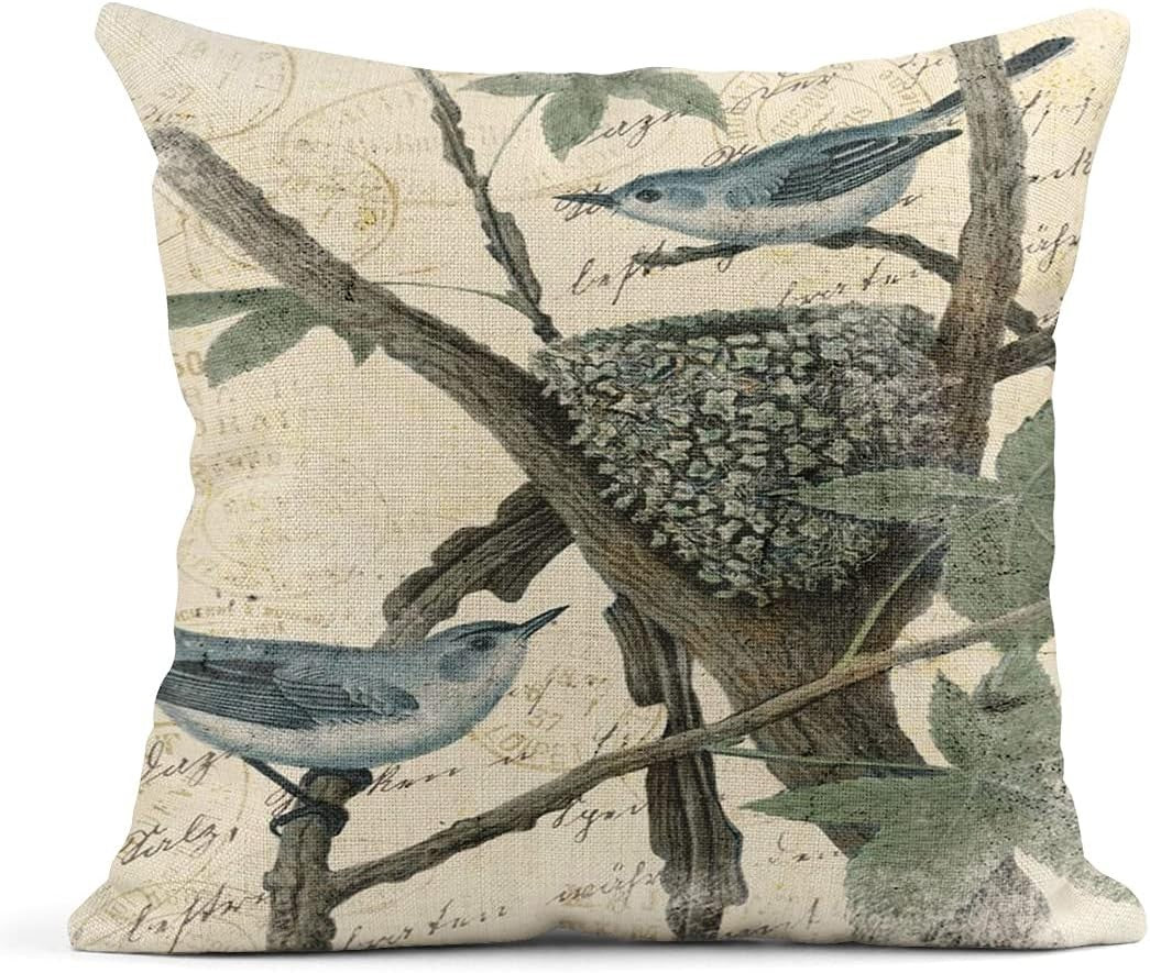 Summer Watercolor Blue Hydrangea Flowers and Birds Linen Pillow Cover Home Decoration Pillowcase Square Sofa Bed Cushion Cover