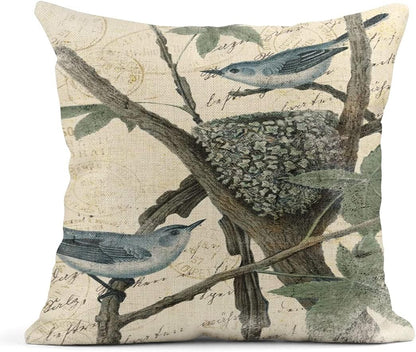 Summer Watercolor Blue Hydrangea Flowers and Birds Linen Pillow Cover Home Decoration Pillowcase Square Sofa Bed Cushion Cover