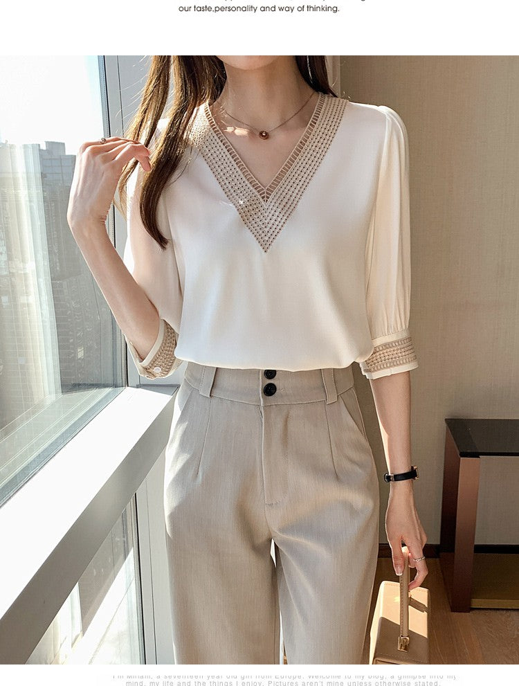 Embroidery Half Sleeve White Lace Women Blouses 2024 Autumn V-Neck Loose Chiffon Tops Shirt Office Lady Elegant Blusas 13366