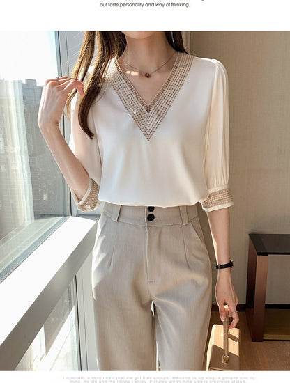Embroidery Half Sleeve White Lace Women Blouses 2024 Autumn V-Neck Loose Chiffon Tops Shirt Office Lady Elegant Blusas 13366