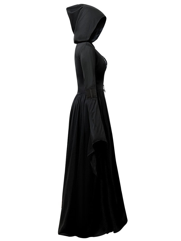 Halloween Witch Dress Gothic Vintage Dark-Style Hooded Vampire Dresses Bell Sleeves Full Skirt Waist Cinched Festival Party Gown