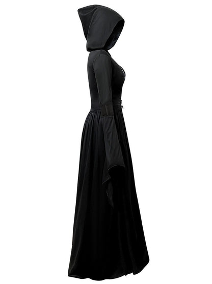 Halloween Witch Dress Gothic Vintage Dark-Style Hooded Vampire Dresses Bell Sleeves Full Skirt Waist Cinched Festival Party Gown