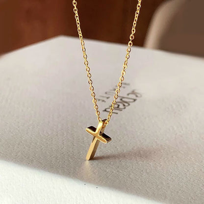 Colar de Cruz em Aço Inoxidável Banhado a Ouro para Mulheres e Homens, Colares de Corrente Exclusivos, Presente de Aniversário, Acessórios de Joalheria