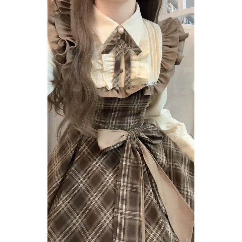 French Vintage Midi Dress Women Casual Evening Party Plaid Dress Office Lady Out