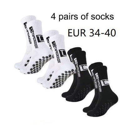 4 pares de meias de futebol coladas TC de cano médio novas para treinamento e competição esportiva, meias antiderrapantes e respiráveis