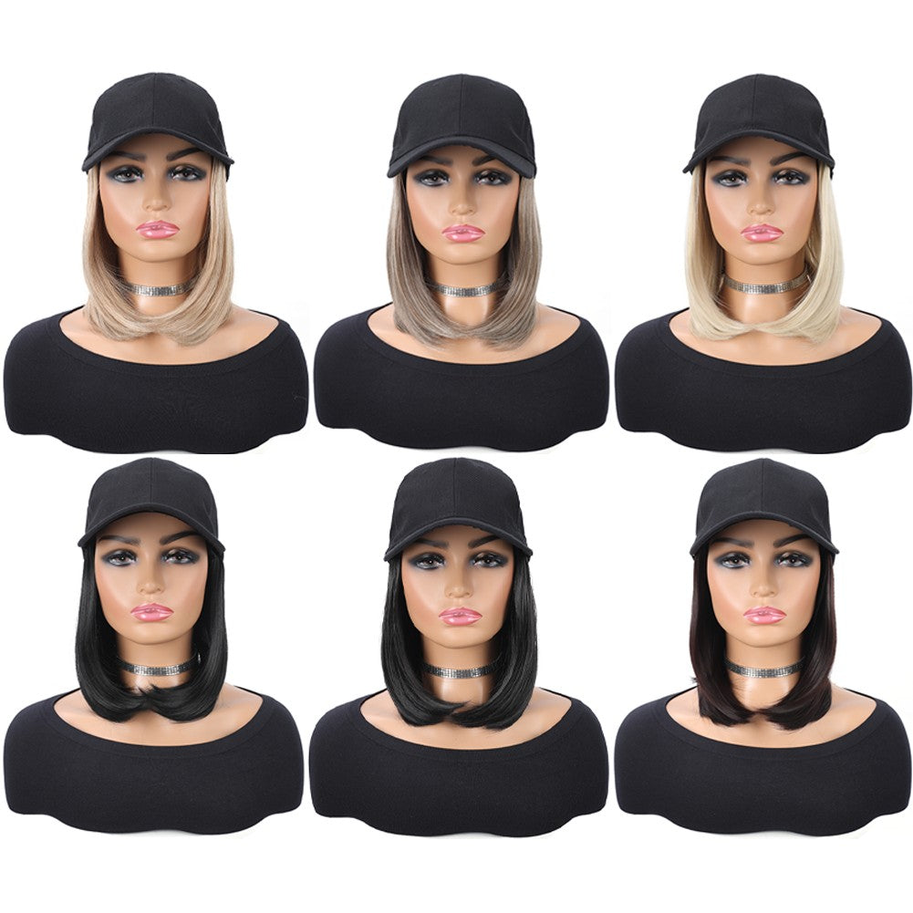 Boné de Beisebol com Extensões de Cabelo Sintético Cabelo Liso Curto Bob Chapéu Peruca Ajustável Removível 25 cm para Mulher Menina