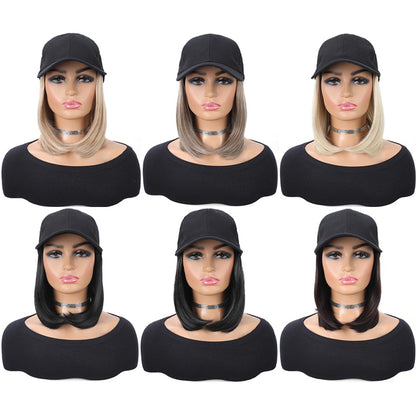 Boné de Beisebol com Extensões de Cabelo Sintético Cabelo Liso Curto Bob Chapéu Peruca Ajustável Removível 25 cm para Mulher Menina