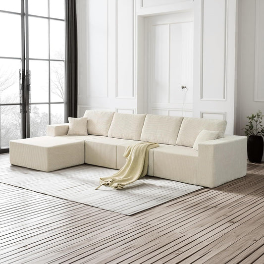 139.3" Luxury L-Shaped Modular Sofa – Corduroy Boneless Cloud Couch with Deep Seat, Movable Ottoman for Living Room