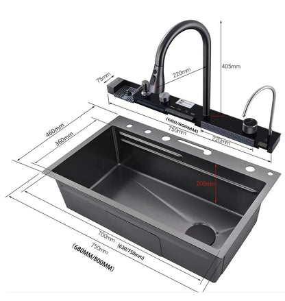 Stainless Steel Waterfall Kitchen Sink Digital Display Faucet Set Embossed Extra Large Single Slot Multiple Types of sinks