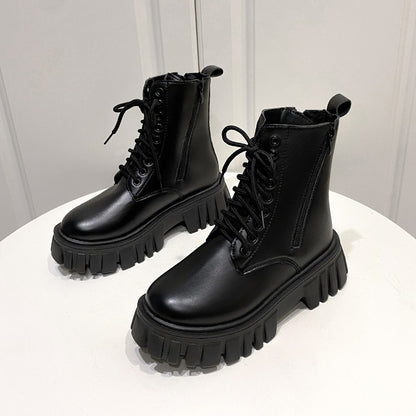 2024 New Autumn and Winter Comfortable Mid-calf Women's Shoes Thick-soled Lace-up Side Zipper Women's Boots Large Size