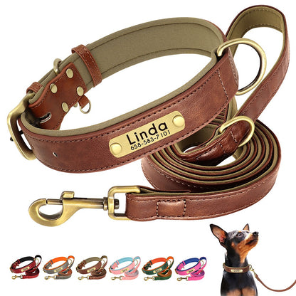 Conjunto Personalizado de Coleira e Guia de Couro para Cães Coleira de Couro Acolchoada Macia para Cães de Pequeno, Médio e Grande Porte com Placa de Identificação Grátis