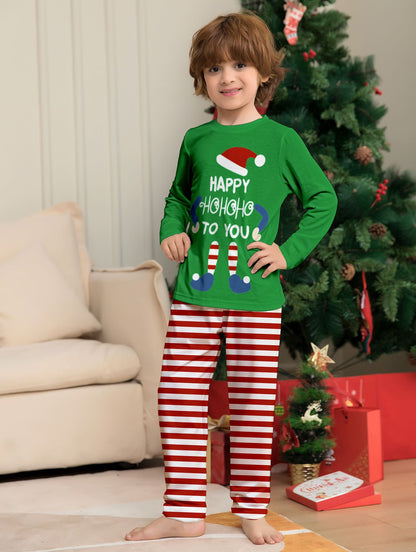 Merry Christmas Kids Matching Pajamas Elf "Happy HoHoHo" Green Top Red White Striped Sleepwear