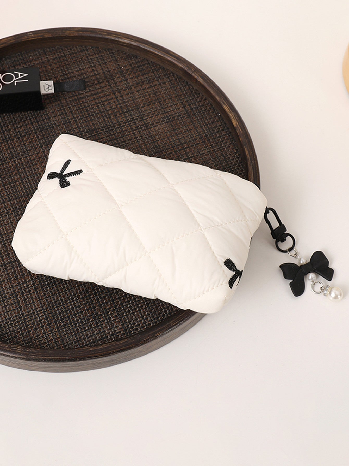 Simple bow quilted clutch, portable everyday small item pouch for lipstick, earphones, and change, soft travel makeup bag