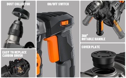 DOVAMAN Martelete Rotativo SDS-Plus 1-9/16", Furadeira de Impacto 12,5A, Embreagem de Segurança, Controle de Vibração, para Concreto