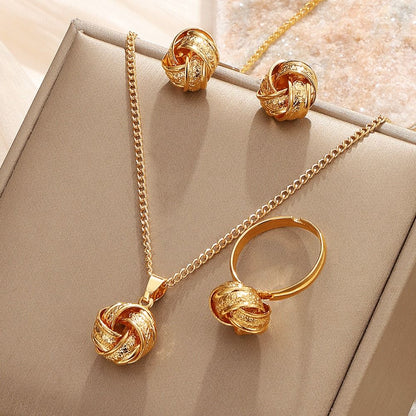 Conjunto 3 Peças Moda Criatividade Geometria Estéreo Nó Pingente Colares Brincos Anéis para Mulheres Conjunto de Joias Charmosas Acessório Presente