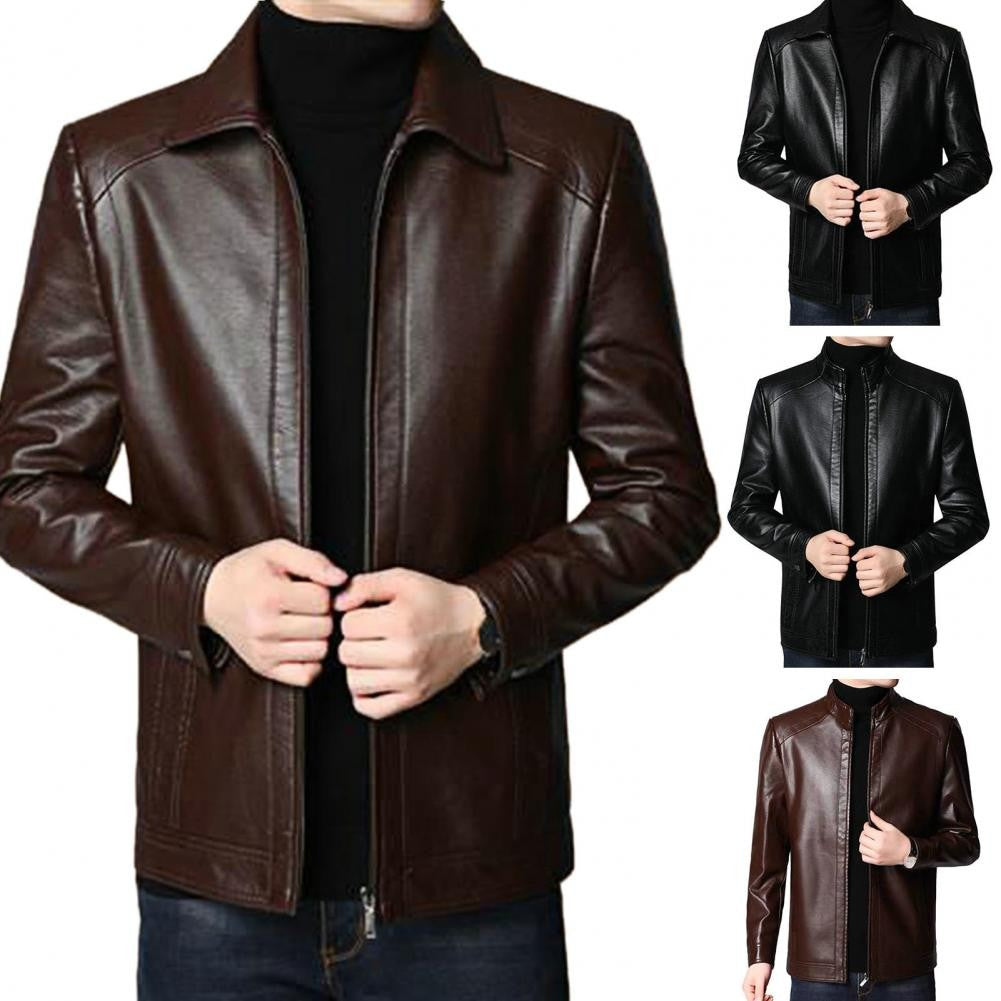 Men Faux Leather Jacket Men's Faux Leather Motorcycle Jacket with Stand Collar Thick Warm Lining Windproof Design for Autumn