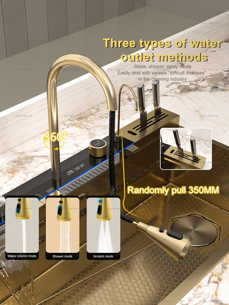 Stainless Steel Golden Kitchen Sink Multifunctional Waterfall Outlet Single Slot Piano Button Digital Display