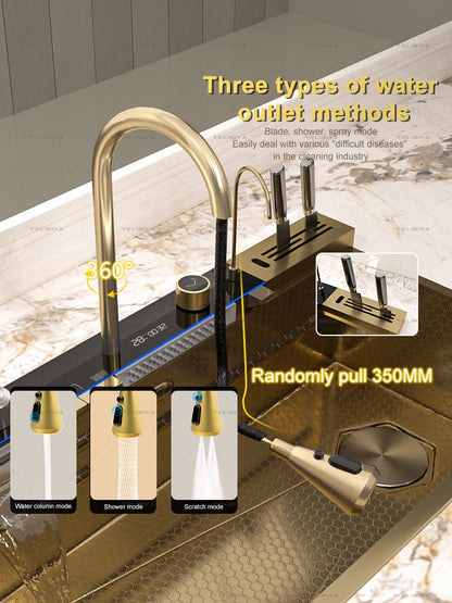 Stainless Steel Golden Kitchen Sink Multifunctional Waterfall Outlet Single Slot Piano Button Digital Display