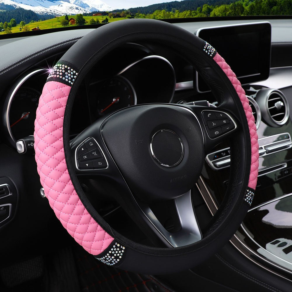 Four Seasons Universal Car Steering Wheel Cover 37-38cm Leather Embroidered Color Diamond-Studded Elastic Steering Wheel Cover