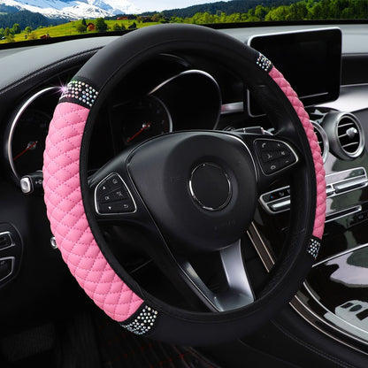 Four Seasons Universal Car Steering Wheel Cover 37-38cm Leather Embroidered Color Diamond-Studded Elastic Steering Wheel Cover