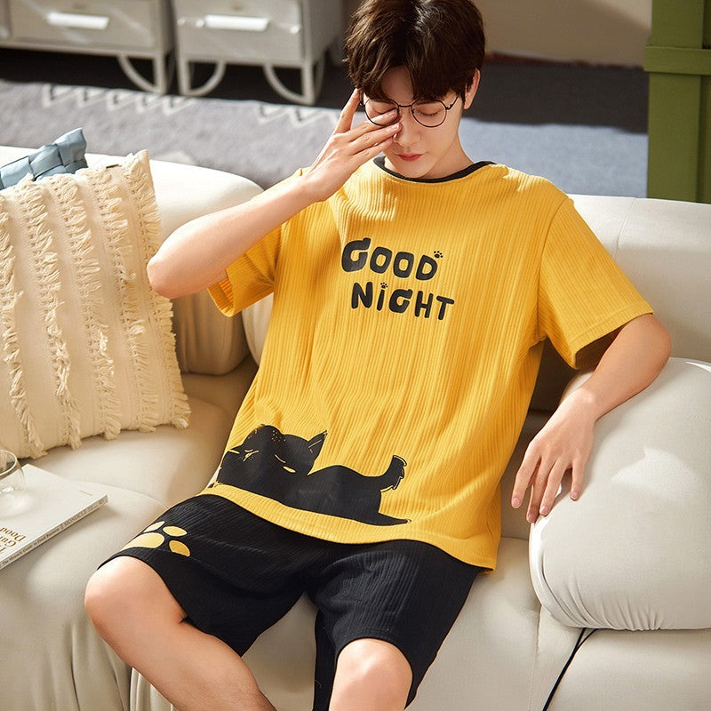 Cotton Summer Thin Men's Pajamas Set Plus Size Short Sleep Tops Pant Sleepwear Suit Male Home Suit Homewear Casual Pyjamas