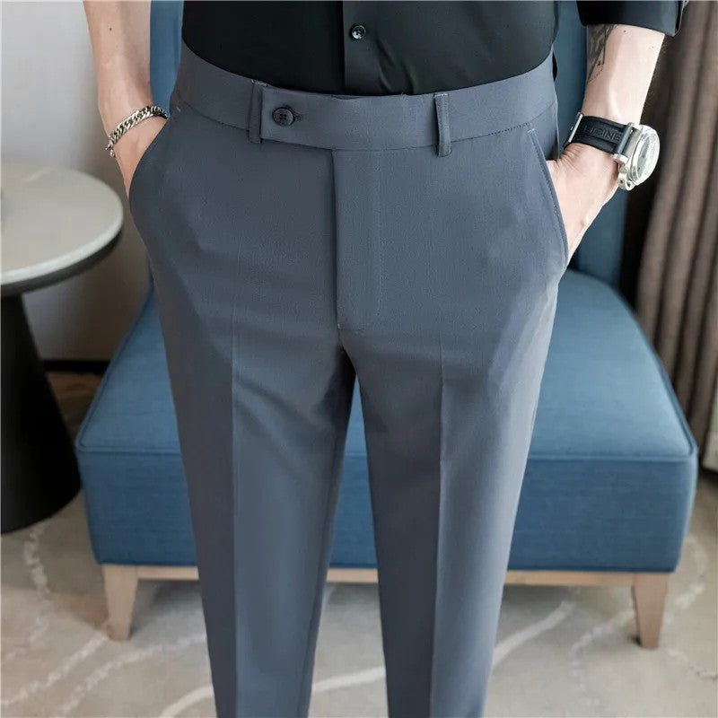 2025 Summer Thin White Elastic Nine Cent Suit Pants for Men,gray Blue Four-side Elastic Comfortable Drape Men's Casual Trousers