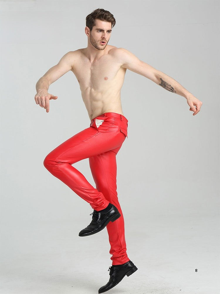 Men's Slim Fit Leather Pants Motorcycle Trendy Sle Long Trousers Thiened PU Fabric Summer Season Faionable Biker Pants