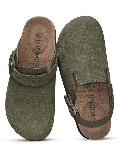 Crestar Women Cow Suede Clogs Cork Footbed Leather Mules Lady Outdoor Comfort Arch Support Potato Shoes With Adjustable Strap