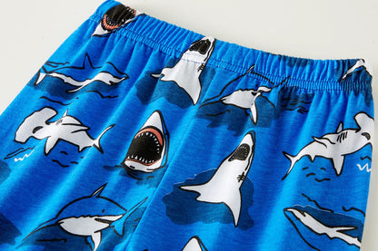Age 1-8 Kids Sleepwear 4 Seasons  Cotton Full Print Cartoon Shark Pajamas Boys  Daily Basic Long Sleeved Soft Loungwear Set