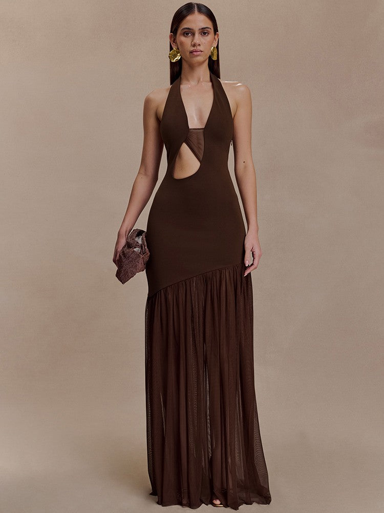 Mozision Hollow Out Halter Backless Sexy Maxi Dress Women Gown Elegant Patchwork V Neck Sleeveless Bodycon Club Party Long Dress