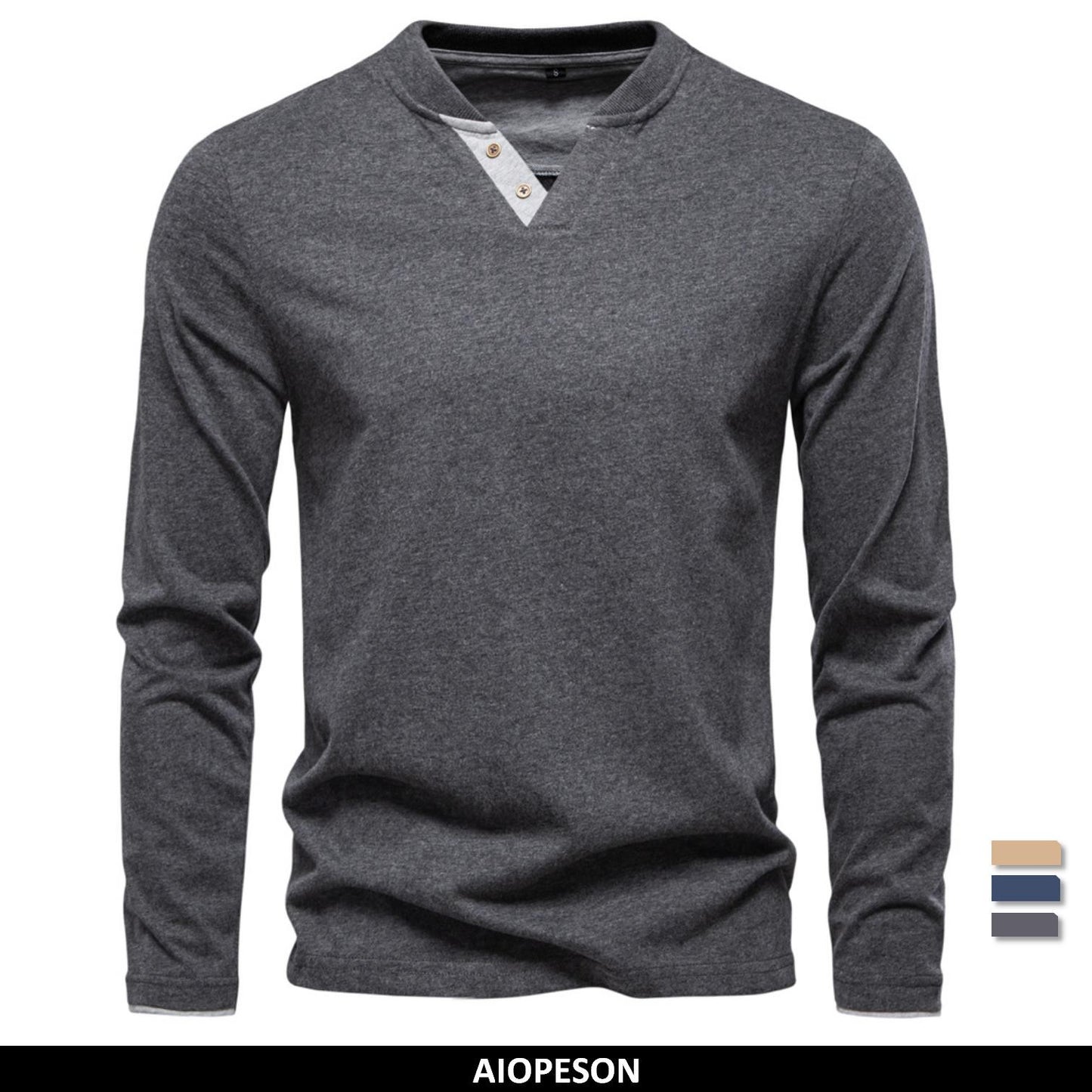AIOPESON 100% Cotton T-shirt Men Casual Solid Color Long Sleeve Sweater Autumn Fashion High Quality Henley Collar Mens T-shirts