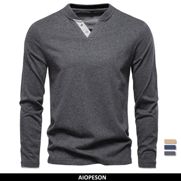 AIOPESON 100% Cotton T-shirt Men Casual Solid Color Long Sleeve Sweater Autumn Fashion High Quality Henley Collar Mens T-shirts