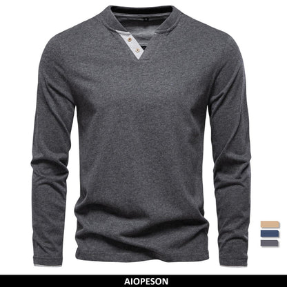 AIOPESON 100% Cotton T-shirt Men Casual Solid Color Long Sleeve Sweater Autumn Fashion High Quality Henley Collar Mens T-shirts