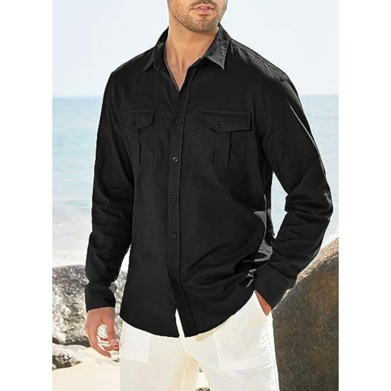 Business Men's Single-breasted Shirt Double Pocket Cotton Linen Long-sleeved Shirt Casual Vacation Shirt