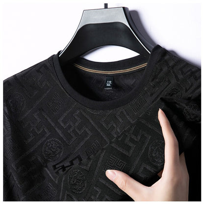 2024 Summer Ice Silk Men's Jacquard Short Sleeve T-shirt High end Brand Fashion Jacquard Cool Breathable Casual Round Neck Top