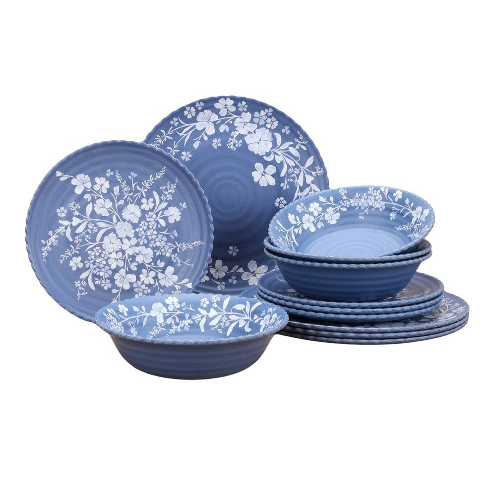 12 Piece Bamboo Melamine Dinnerware Set Floral Design Dishwasher Safe Plates Bowls Vintage Scalloped Edges Ideal Entertaining