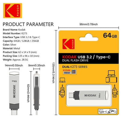 Pen Drive Kodak K273 USB 3.1 OTG 64 GB USB3.1 Gen 1 Tipo C Pen Drive 64G USB-C Cartão de Memória 64gb Alta Velocidade