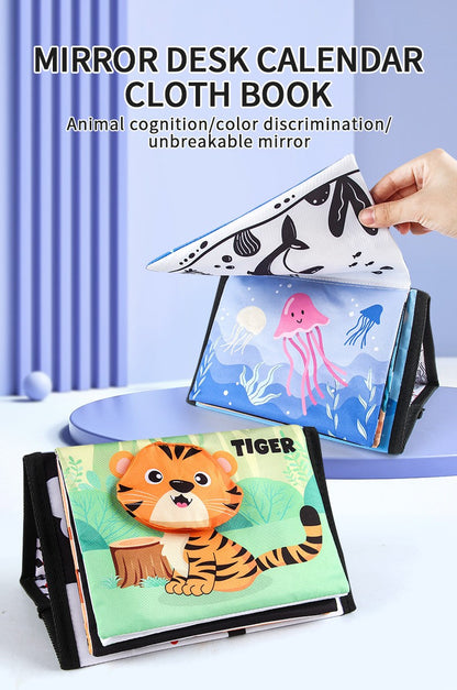 Livro de Pano Engraçado em Preto e Branco para Bebês Brinquedo Educacional Montessori para Crianças Recém-nascidos Brinquedos com Espelho para Tummy Time