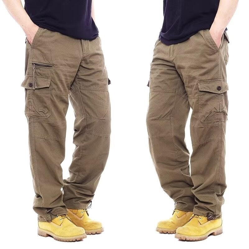 Calça Cargo Masculina de Moda Casual Esportiva com Muitos Bolsos Calça Masculina Solta Reta Elástica Calça Utilitária Versátil e Confortável