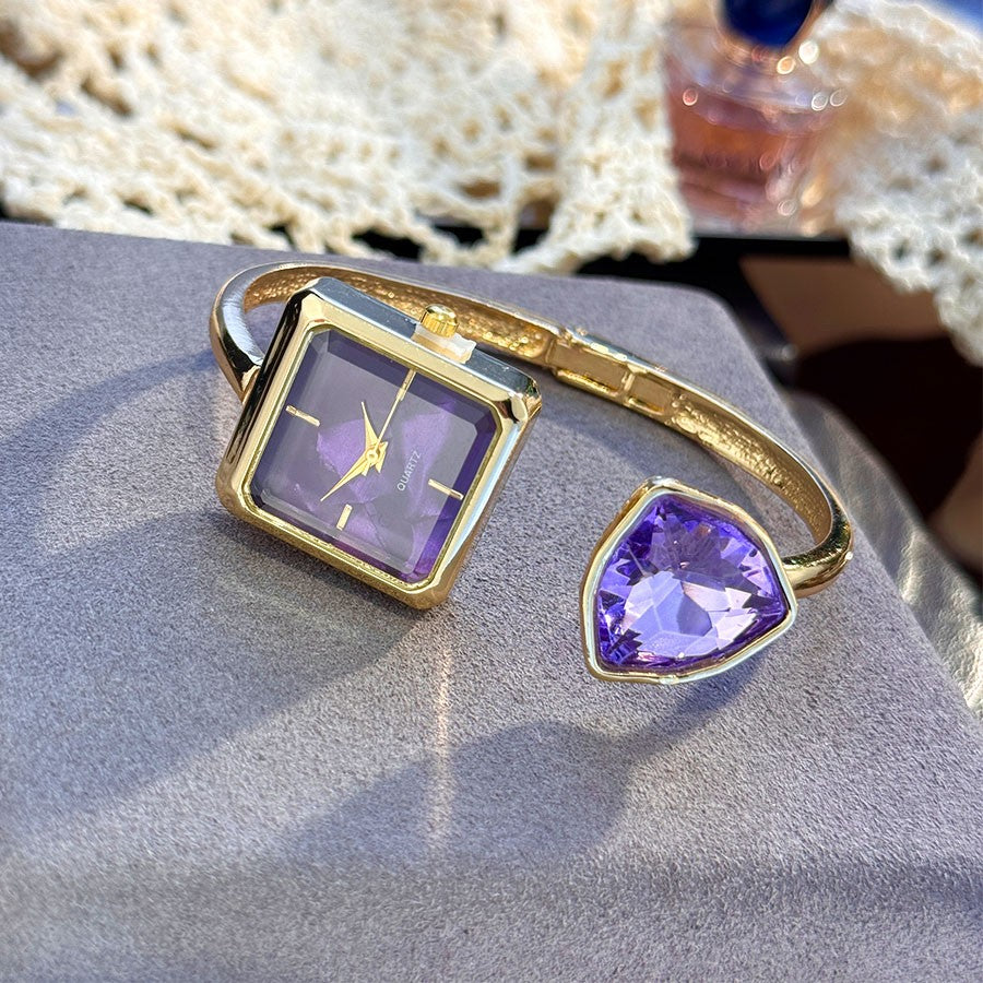 New Ladies Open Bracelet Watch Assorted Shaped Diamond Color Gemstone High-End Quartz Wristwatch Lazy Person's Stylish Timepiece