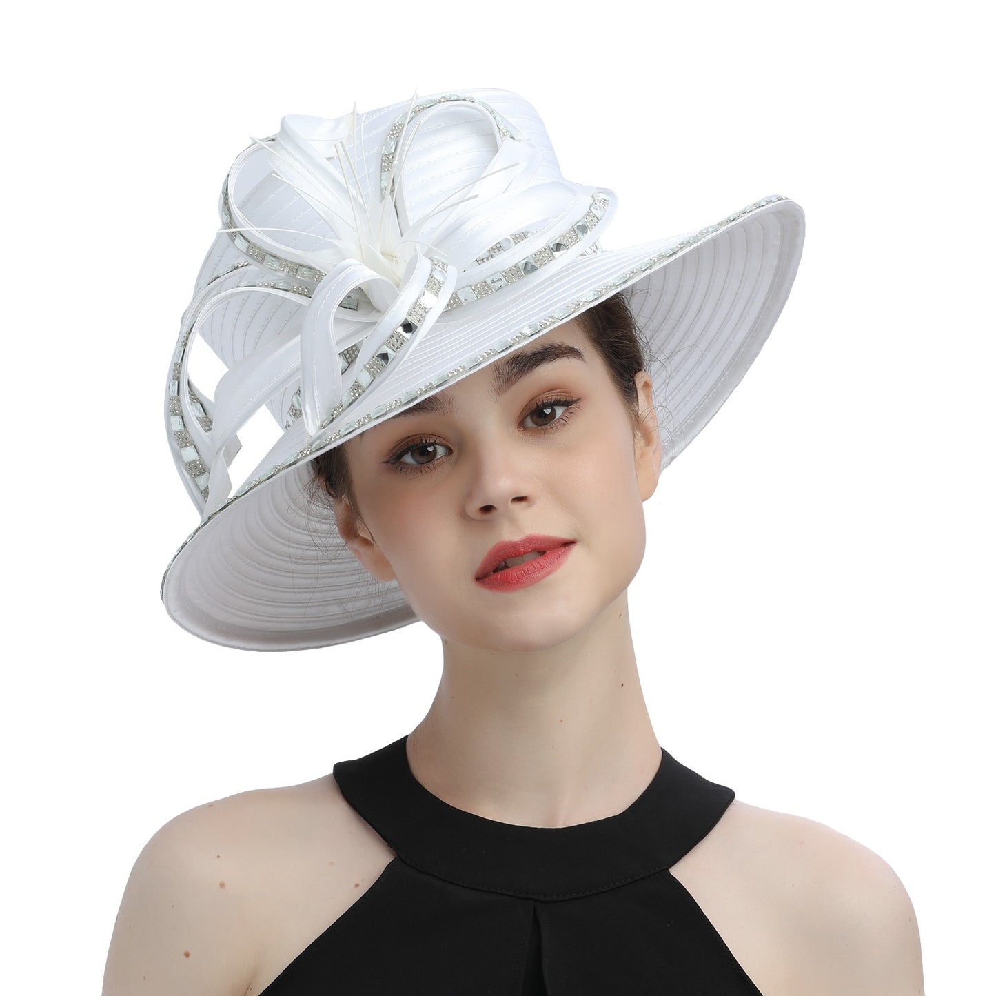 Deluxe New White Church Hat Party Banquet Satin Cloth Photography Hats Premium Chains Formal Hat Flower Top Cap For Women Ladies