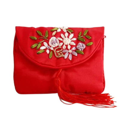 Retro Embroidered Flower Women Tassels Handbags Elegant Handmade Ethnic Style National Small Bag Card Storage Zipper Coin Purse