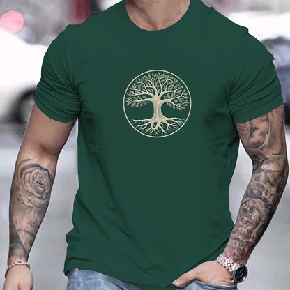 Men's summer 100% pure cotton fashionable casual sports wide pine pattern printed sports round neck short sleeved T-shirt top